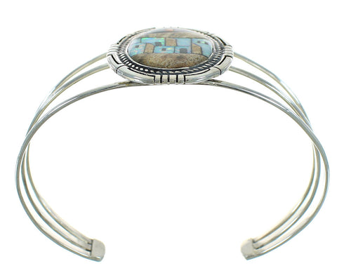 Native American Pueblo Design Sterling Silver Multicolor Inlay Bracelet RX69136